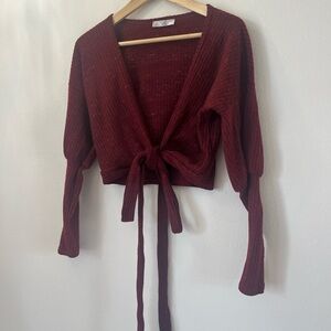 Burgundy Tie Up Cropped Sweater.